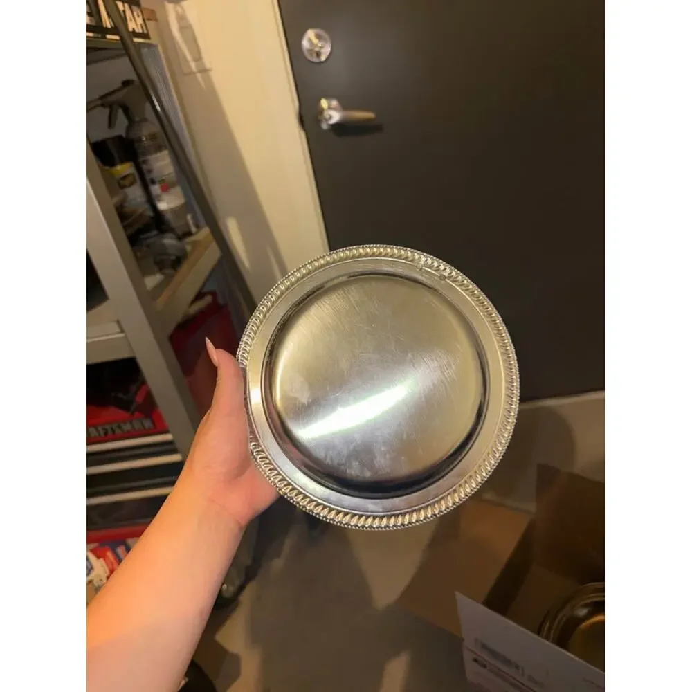 Vintage Silver-Toned Round Serving Tray with Ornate Handle